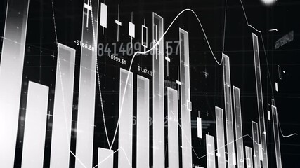 Poster - Camera panning through 3D grid scene, bars fluctuating and line graph weaving to show market shifts
