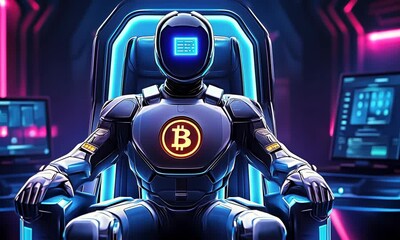 Poster - Futuristic robot in a high-tech office, controlling crypto