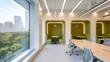 © Lavanya - Modern collaborative workspace featuring green booth seating with city view