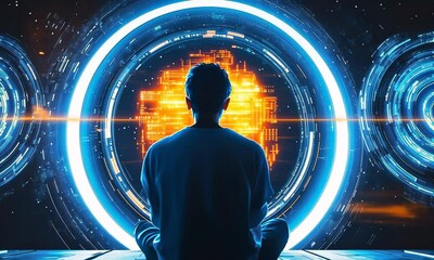 Poster - Person meditating in futuristic portal