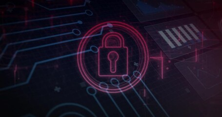 Poster - Circuit lines converging, central red padlock pulsing while grey panels sliding for cybersecurity