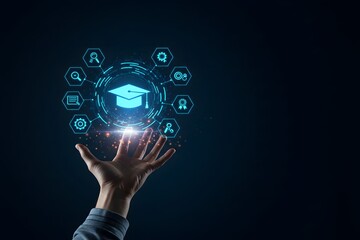 a glowing blue digital interface with icons representing education, graduation cap, a dark blue background, Education Distance E-learning Online Learning Personal development concept.
