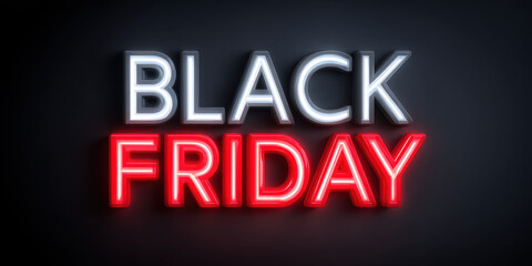Aufkleber - Black Friday neon sign with glowing white and red letters on dark background, creating dramatic and eye catching sale promotion effect