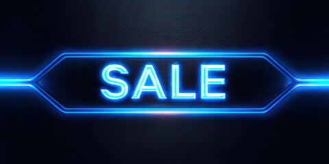 Aufkleber - Neon glowing sale sign with futuristic blue light effect on dark background, vibrant tech gadget promotion banner design