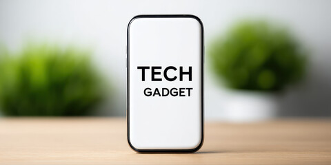 Poster - Tech gadget text on smartphone screen standing on wooden table with blurred green plant background, modern technology concept