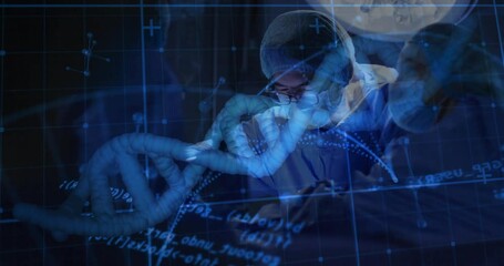 Poster - Medical professionals leaning examining display as DNA helix code drifting aiding genetic analysis