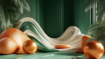 Poster - Luxurious Presentation: A Modern Stage with Palm Fronds and Smooth Shapes