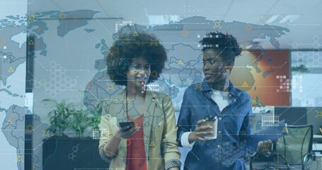 Poster - Business colleagues walking office corridor scrolling smartphone causing world map data overlay