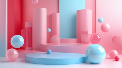 Poster - Modern Abstract Scene with Pink and Blue Geometric Shapes and Spherical Accents
