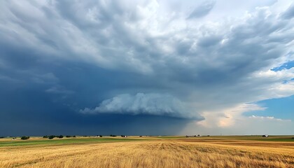 Dramatic storm clouds over a golden field.