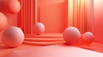 Poster - Monochromatic minimalism: A salmon-hued stage featuring spheres and architectural accents