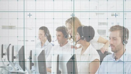 Poster - Supervisor entering call center and pointing at monitor, guiding headset agents under grid overlay