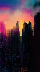 Poster - Pixelated urban skyline with vibrant sunset hues blending into dark city silhouette