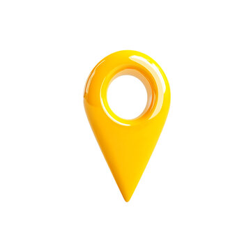Glossy yellow 3D location pin marker icon, transparent background, isolated, digital illustration, graphic design element, navigation symbol, map pointer, vibrant color, simple