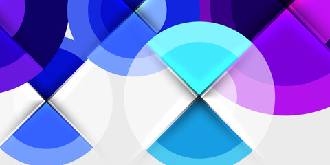 Aufkleber - Abstract design features overlapping circles, squares. Colors include blues, purples, whites creating dynamic visual effect. Modern, clean aesthetic.