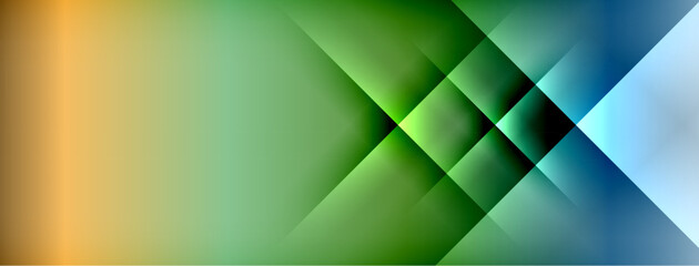 Poster - Abstract geometric design. Gradient colors blend, creating dynamic diagonal patterns. Shapes overlap, forming complex visual texture.