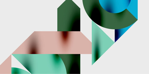 Poster - Abstract geometric shapes overlap, creating layered visual effect. Colors include teal, pink, dark green, blue. Minimalist design.
