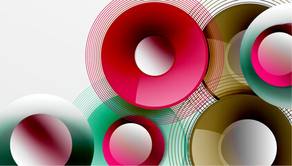 Aufkleber - Abstract circles overlap, creating vibrant visual effect. Red, green, brown hues dominate composition. Lines add texture, depth.