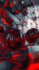 Poster - Reflective chromatic spheres traversing a futuristic corridor in vivid red illumination