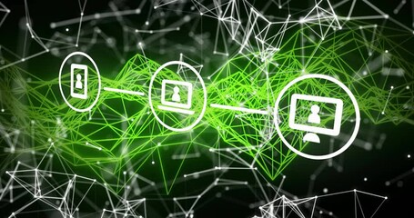 Poster - Neon green mesh pulsing causing icons linking smartphone laptop monitor for connectivity