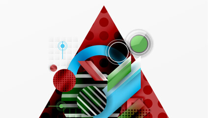 Poster - Abstract geometric design. Red triangle dominates, layered with circles, lines, squares. Modern, vibrant composition.