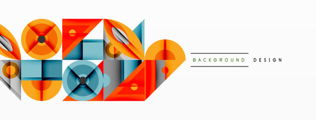 Poster - Geometric shapes overlap, creating modern abstract design. Orange, blue hues dominate composition. Minimalist style, clean lines present.