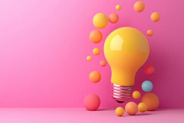 Fototapete - A vibrant yellow light bulb floats amidst colorful spheres, set against a pink background. The design embodies creativity and imagination, ideal for various art and design projects.