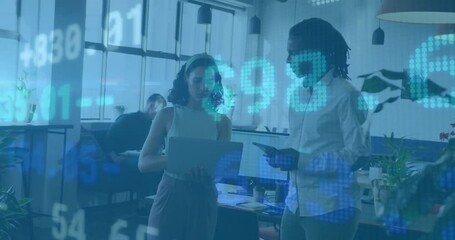 Poster - woman gesturing toward laptop initiating stock overlay as man scrolling tablet guiding discussion