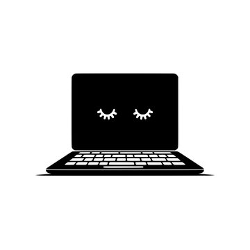 Minimalist sleepy laptop icon on white background, Simple black silhouette of a laptop with closed eyes, symbolizing sleep mode, digital rest, or computer inactivity.

