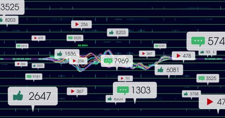 Poster - Waveform lines rising from data spikes and spawning metric bubbles visualizing social engagement