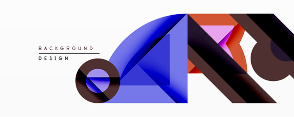 Poster - Abstract geometric shapes overlap, creating dynamic composition. Blue, brown, orange, purple hues dominate design. Minimalist style, modern aesthetic. Clean lines, layered forms.