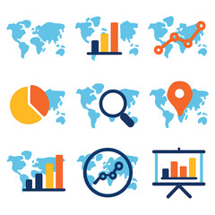 Poster - Global business data visualization icons showing charts and world map concepts