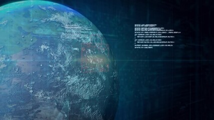 Poster - Rotating 3D Earth globe appearing on dark backdrop, code scrolling, padlock forming securing data