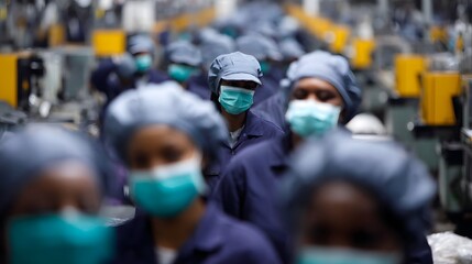Poster - Workers on a production line wearing protective face masks