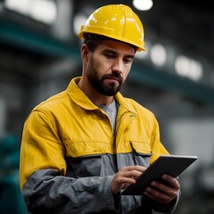 Poster - A worker using a tablet to monitor efficiency in an industrial plant