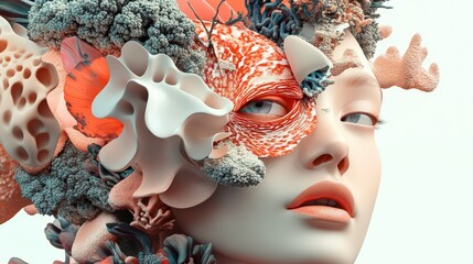 Poster - Surreal aquatic beauty: A portrait adorned with textured coral and oceanic elements