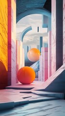 Poster - Surreal Architectural Dreamscape with Floating Spheres and Pastel Hues Design