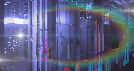 Poster - Opening glass panel displaying multicolored bars for live data, lens flare uncovering area graph
