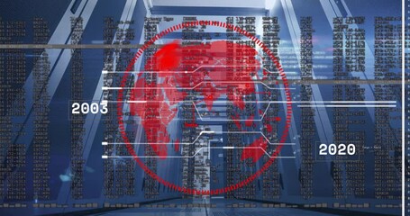 Poster - Red digital globe fading in at 2008 marker, rotating east, initiating timeline shifts and data flow