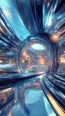 Poster - Surreal chromed gateway with glowing elements within a modern structure