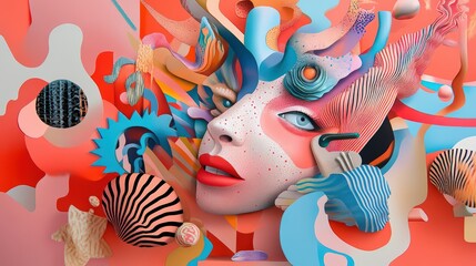 Poster - Surreal face layered with abstract shapes and vibrant textures creating visual depth