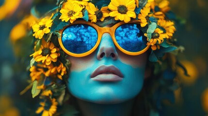 Poster - Surreal floral portrait with blue skin and reflective sunglasses artful