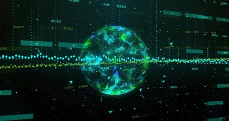 Poster - Fading sphere glowing in data field while waveform dots sliding bisecting and streams looping