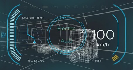Poster - Starting HUD cycling drive modes, showing wireframe truck on 15km map, animating speed gauges