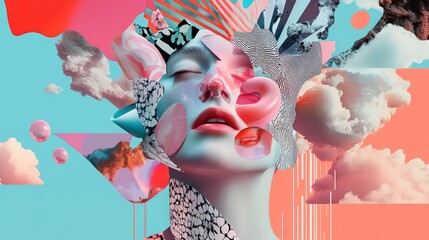 Poster - Surreal portrait of woman with abstract textures and pastel color palette art