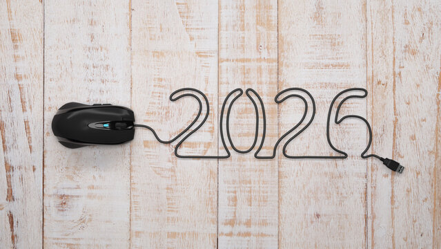 New Year 2026 Creative Design Concept with computer mouse - 3D Rendered Image	
