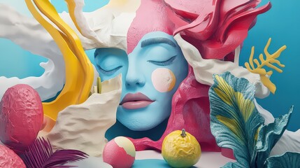 Poster - Surreal visage amidst vibrant flora, a dreamy artistic composition, abstract beauty