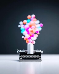 Aufkleber - Vintage Typewriter with Holographic Keys and Colorful Floating Spheres