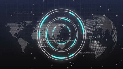 Poster - Opening dotted map, three rings spinning while code flickering and hemisphere emerging for analysis