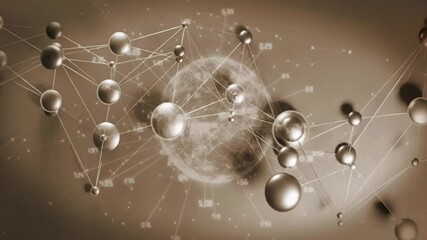 Poster - Metallic spheres forming around globe, linking lines, drifting under orange arc visualizing network